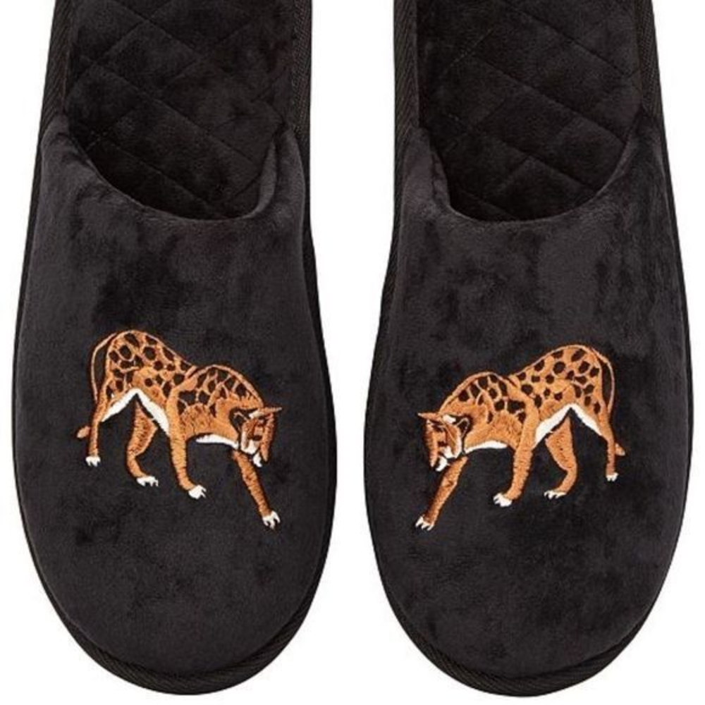 INC Placed Tiger Microvelour‎ Slippers Black NWT